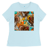 Baby Blue thanksgiving turkey seamless pattern Ladies Tee - BundleAndBundleShop