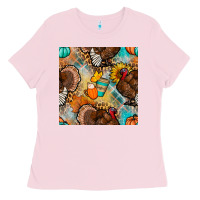 Bubblegum Pink thanksgiving turkey seamless pattern Ladies Tee - BundleAndBundleShop