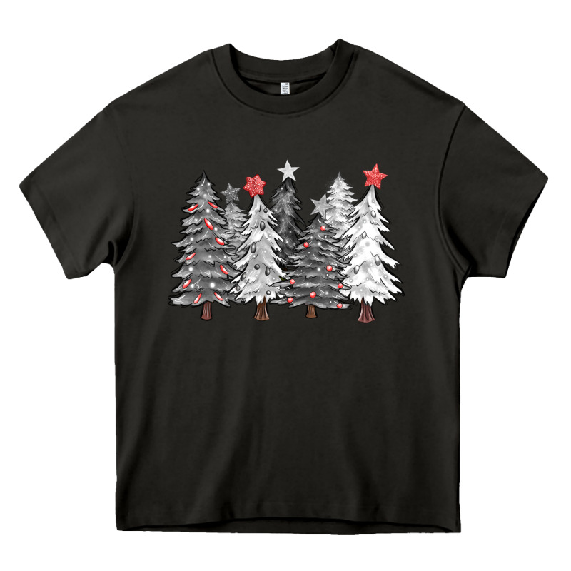 Black And White Christmas Trees With Lights Heavy Core Tee by FaDigitalArtStudio | Teevron