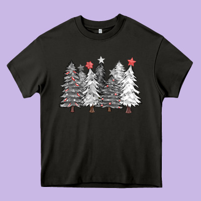 Black And White Christmas Trees With Lights Heavy Core Tee Designed By Fadigitalartstudio
