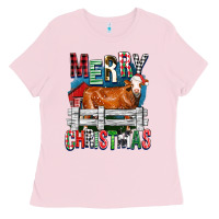 Bubblegum Pink merry christmas simmental cow Ladies Tee - FaDigitalArtStudio