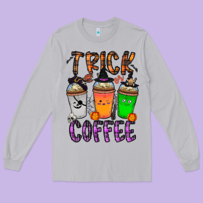 Trick Or Coffee Long Sleeve Tee Designed By Cowhidedigitalart