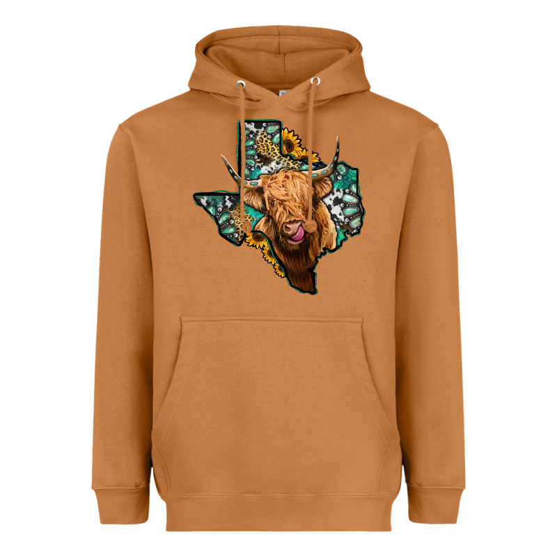 Texas Map Highland Cow Heavyweight Hoodie by Jasminsmagicworld | Teevron