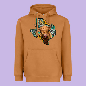 Texas Map Highland Cow Heavyweight Hoodie Designed By Jasminsmagicworld