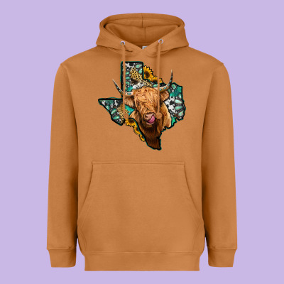 Texas Map Highland Cow Heavyweight Hoodie Designed By Jasminsmagicworld