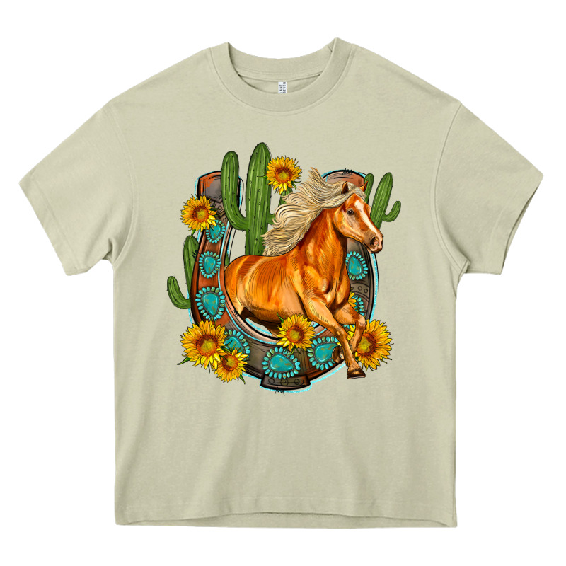 Western Horse Cactus Sunflowers Horseshoe Heavy Core Tee by OliviaCreatesArt | Teevron