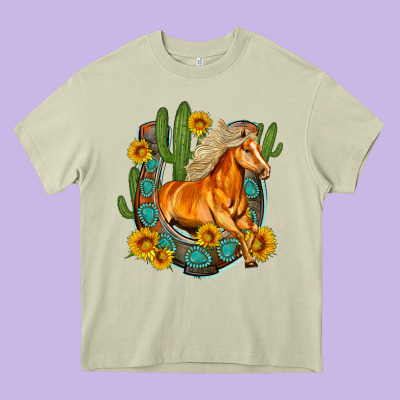 Western Horse Cactus Sunflowers Horseshoe Heavy Core Tee Designed By Oliviacreatesart