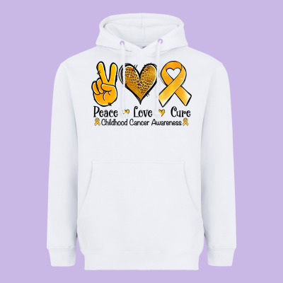 Peace Love Cure Childhood Cancer Heavyweight Hoodie Designed By Jasminsmagicworld