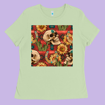 Western Skull Aztec Seamless Pattern Ladies Tee Designed By Bundleandbundleshop