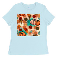 Baby Blue floral pumpkins seamless pattern Ladies Tee - BundleAndBundleShop