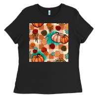 Black floral pumpkins seamless pattern Ladies Tee - BundleAndBundleShop