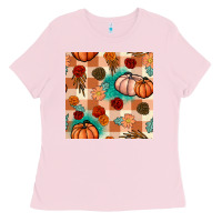 Bubblegum Pink floral pumpkins seamless pattern Ladies Tee - BundleAndBundleShop