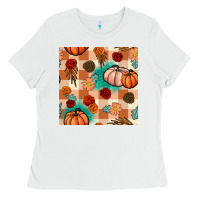 White floral pumpkins seamless pattern Ladies Tee - BundleAndBundleShop