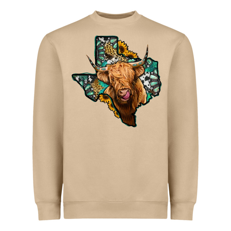 Texas Map Highland Cow Heavyweight Sweatshirt by Jasminsmagicworld | Teevron