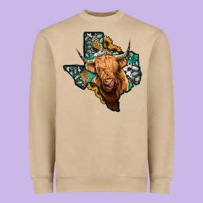 Texas Map Highland Cow Heavyweight Sweatshirt Designed By Jasminsmagicworld