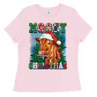 Bubblegum Pink mooey christmas heifer Ladies Tee - FaDigitalArtStudio