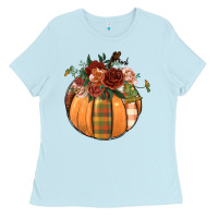 Baby Blue floral pumpkin Ladies Tee - BundleAndBundleShop