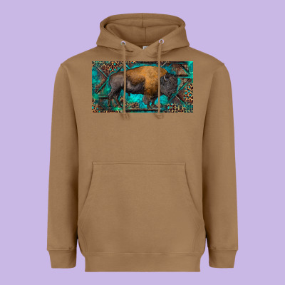 Bison With Leopard And Turquoise Heavyweight Hoodie Designed By Ranaportraitstore