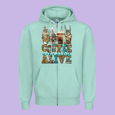 Coffee Makes Me Feel Alive Skeleton Coffee Cups Zipper Hoodie Designed By Jasminsmagicworld