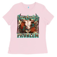 Bubblegum Pink Somebody's Problem Bull Skull Ladies Tee - FaDigitalArtStudio