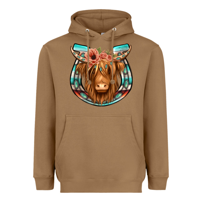 Highland Cow Serape Floral Headband Horseshoe Heavyweight Hoodie by Jasminsmagicworld | Teevron
