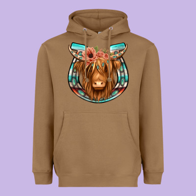 Highland Cow Serape Floral Headband Horseshoe Heavyweight Hoodie Designed By Jasminsmagicworld