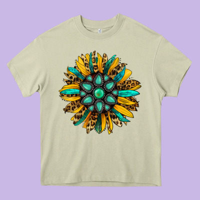 Turquoise Leopard Sunflower Heavy Core Tee Designed By Jasminsmagicworld