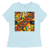 Baby Blue western cowboy bull skull seamless pattern Ladies Tee - BundleAndBundleShop