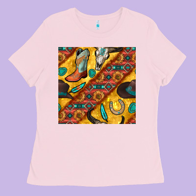Western Cowboy Bull Skull Seamless Pattern Ladies Tee Designed By Bundleandbundleshop