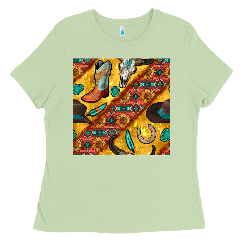 Western Cowboy Bull Skull Seamless Pattern Ladies Tee by BundleAndBundleShop | Teevron