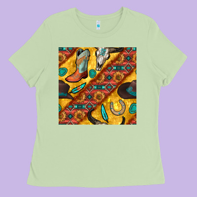 Western Cowboy Bull Skull Seamless Pattern Ladies Tee Designed By Bundleandbundleshop