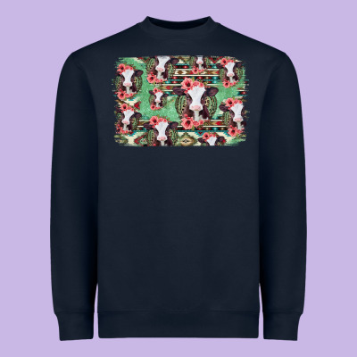 Baby Cow Floral Aztec Background Heavyweight Sweatshirt Designed By Jasminsmagicworld