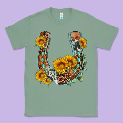 Western Leopard Cowhide Sunflowers Horseshoe Classic Tee Designed By Oliviacreatesart