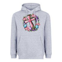 Heather Grey Cross With Floral Wreath And Easter Eggs Heavyweight Hoodie - RanaPortraitStore