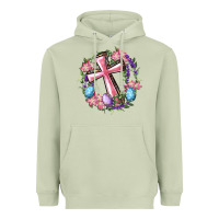Matcha Cross With Floral Wreath And Easter Eggs Heavyweight Hoodie - RanaPortraitStore