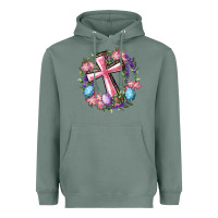 Sage Cross With Floral Wreath And Easter Eggs Heavyweight Hoodie - RanaPortraitStore