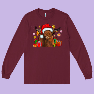Festive Highland Cow Long Sleeve Tee Designed By Cowhidedigitalart