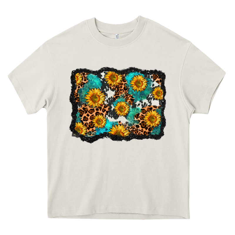 Cowhide Leopard Turquoise Sunflowers Pattern Olivia Heavy Core Tee by OliviaCreatesArt | Teevron