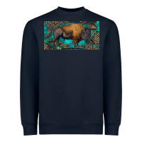 Navy Bison with leopard and turquoise Heavyweight Sweatshirt - RanaPortraitStore