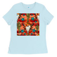 Baby Blue bull skull cactus seamless pattern Ladies Tee - BundleAndBundleShop