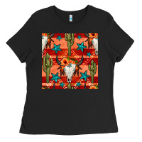 Black bull skull cactus seamless pattern Ladies Tee - BundleAndBundleShop