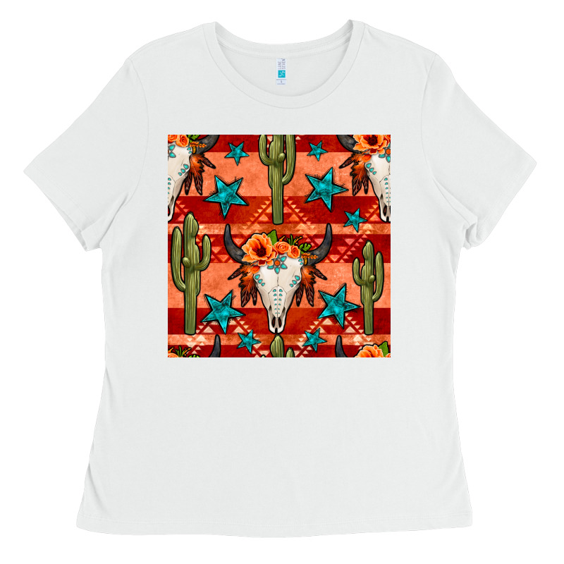 Bull Skull Cactus Seamless Pattern Ladies Tee by BundleAndBundleShop | Teevron