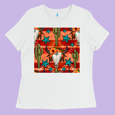 Bull Skull Cactus Seamless Pattern Ladies Tee Designed By Bundleandbundleshop