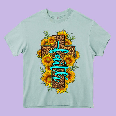 Faith Sunflower Leopard Cross Olivia Heavy Core Tee Designed By Oliviacreatesart