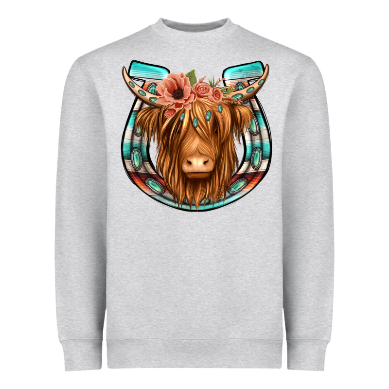 Highland Cow Serape Floral Headband Horseshoe Heavyweight Sweatshirt by Jasminsmagicworld | Teevron