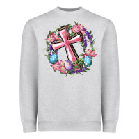 Heather Grey Cross With Floral Wreath And Easter Eggs Heavyweight Sweatshirt - RanaPortraitStore