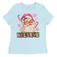 Baby Blue Pink Believe Santa Christmas Ladies Tee - FaDigitalArtStudio