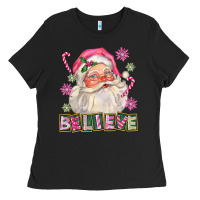 Black Pink Believe Santa Christmas Ladies Tee - FaDigitalArtStudio