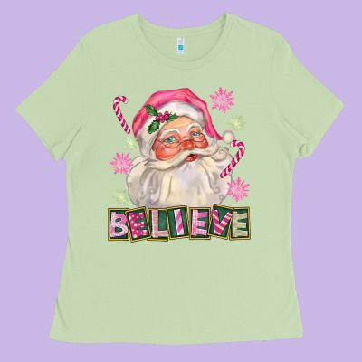 Pink Believe Santa Christmas Ladies Tee Designed By Fadigitalartstudio