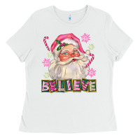 White Pink Believe Santa Christmas Ladies Tee - FaDigitalArtStudio